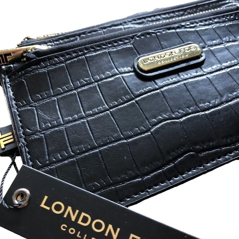 London Fog Danica Black Croc Embossed Wristlet